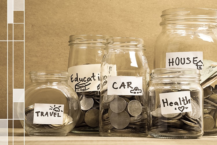 Savings Jars with travel, education, car, health and house