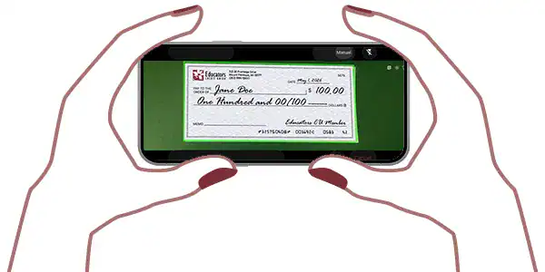 Hands holding a phone with a check image representing mobile deposits for FlashCash.