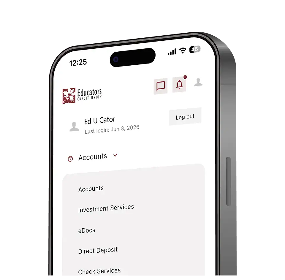 Mobile banking app showing account menu with direct deposit option.