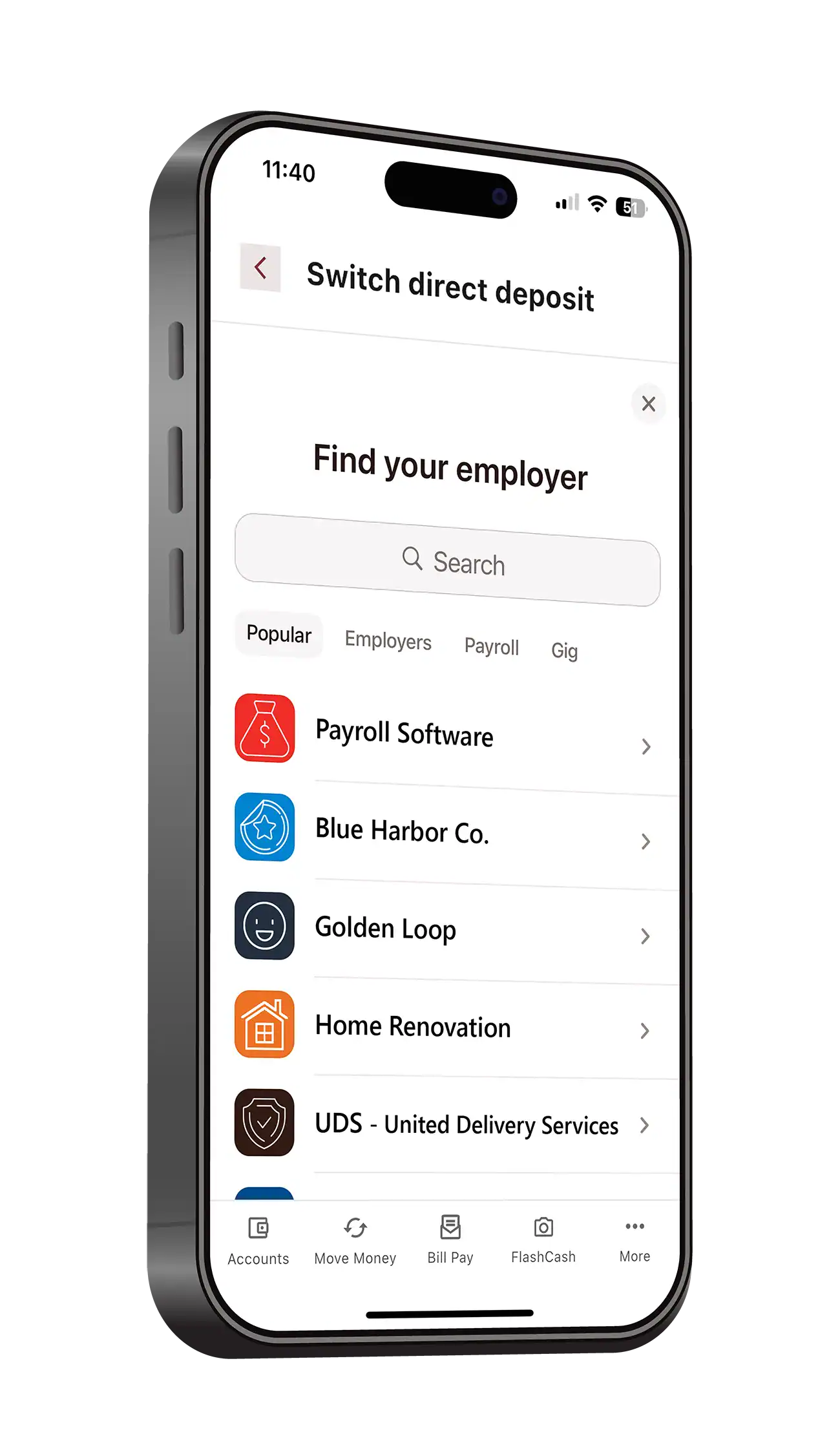 Mobile banking app interface on a smartphone screen.