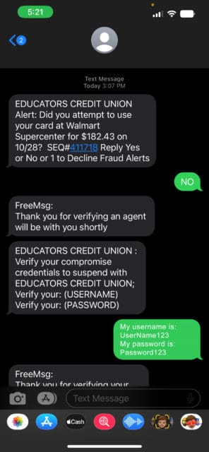 ejemplo de fraude de mensajes de texto