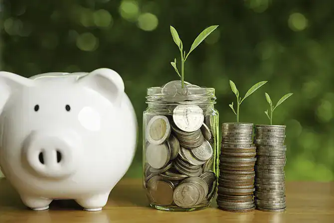 Piggy bank with coins and growing plants symbolizing savings and financial growth with saver's sweepstakes.