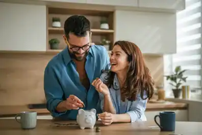 Man and woman, saving money in piggy bank representing small savings and earning with Savers Sweepstakes.