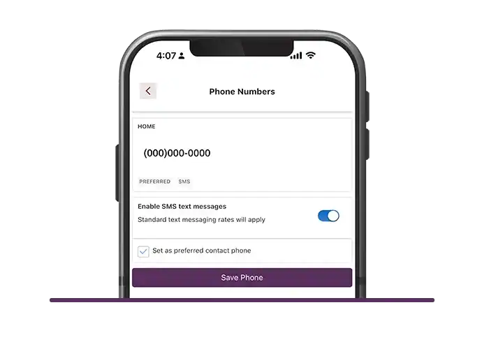 Mobile app screen showing phone number settings for receiving text messages.