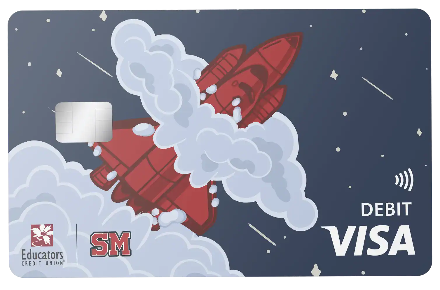 Educators CU rocket-themed Visa<sup>®</sup> debit card with space background.