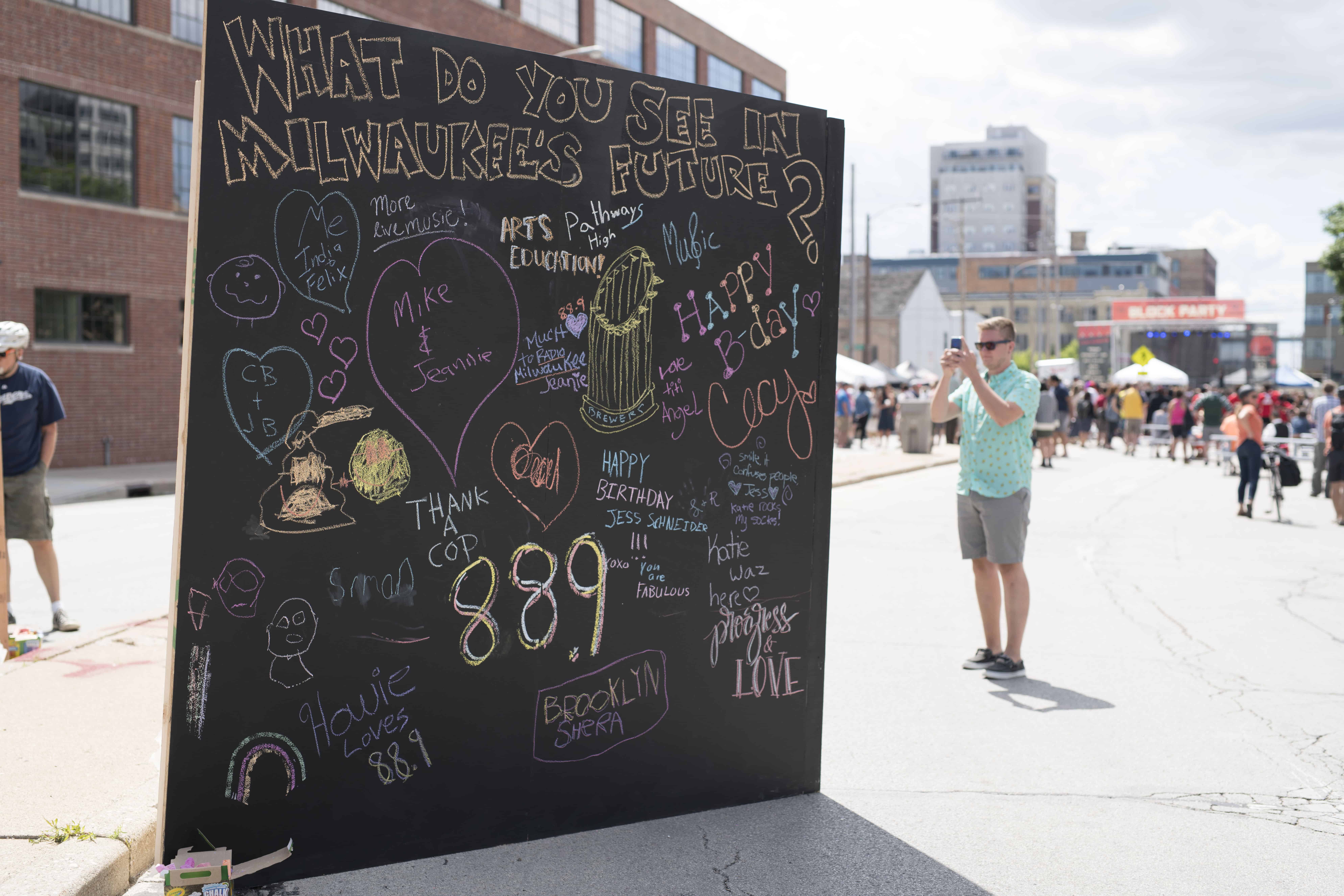 Photo of giant chalkboard asking "What do you see in Milwaukee's Future" at the 88Nine Radio Milwaukee block party