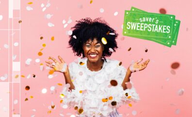 Saver's Sweepstakes woman throwing confetti